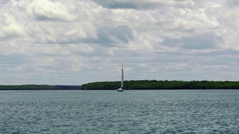 slow motion shot of a sail boat sailing on a large slow moving river near coastal town of barra do cunhaú in rio grande do norte, brazil on a summer day