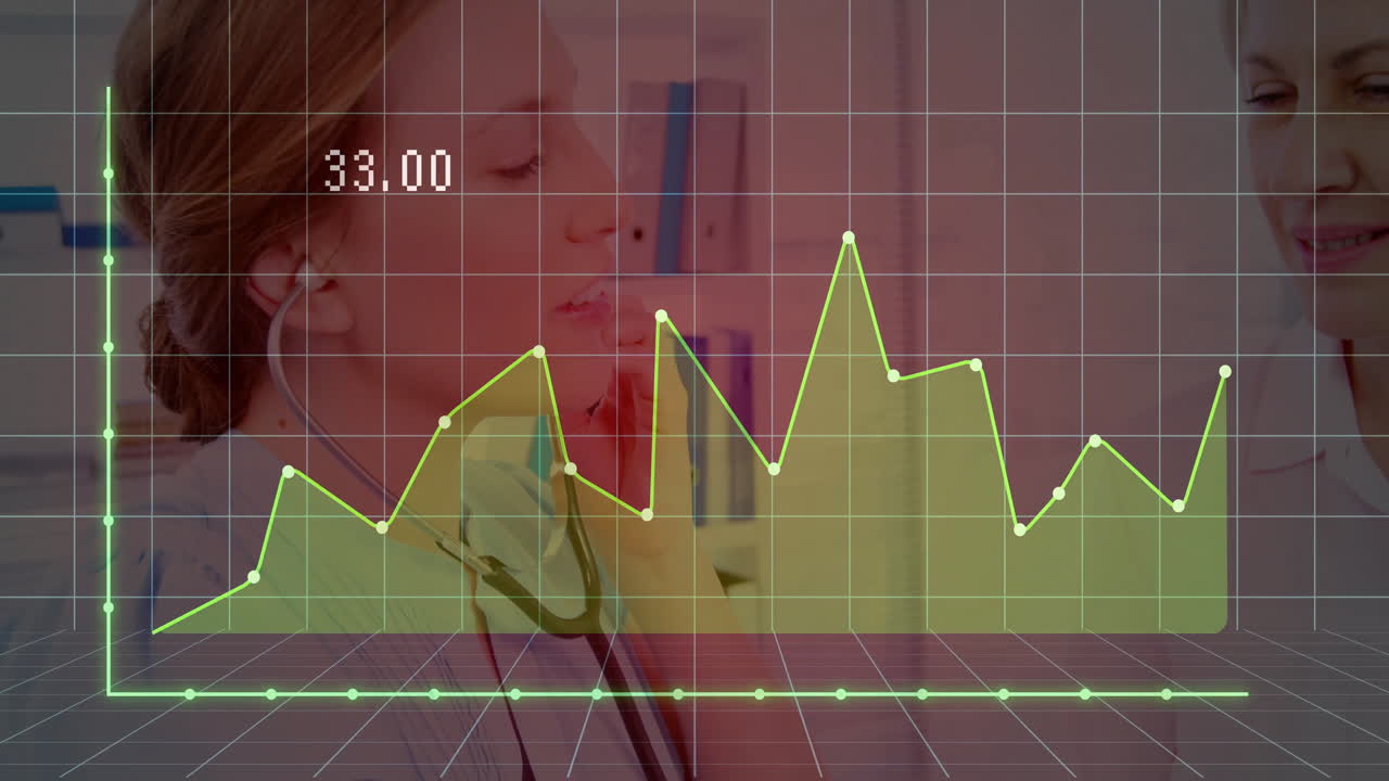 female doctor using stethoscope on patient in medical clinic, showing green graph grid with 64