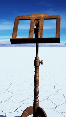 a wooden music stand in a desert landscape