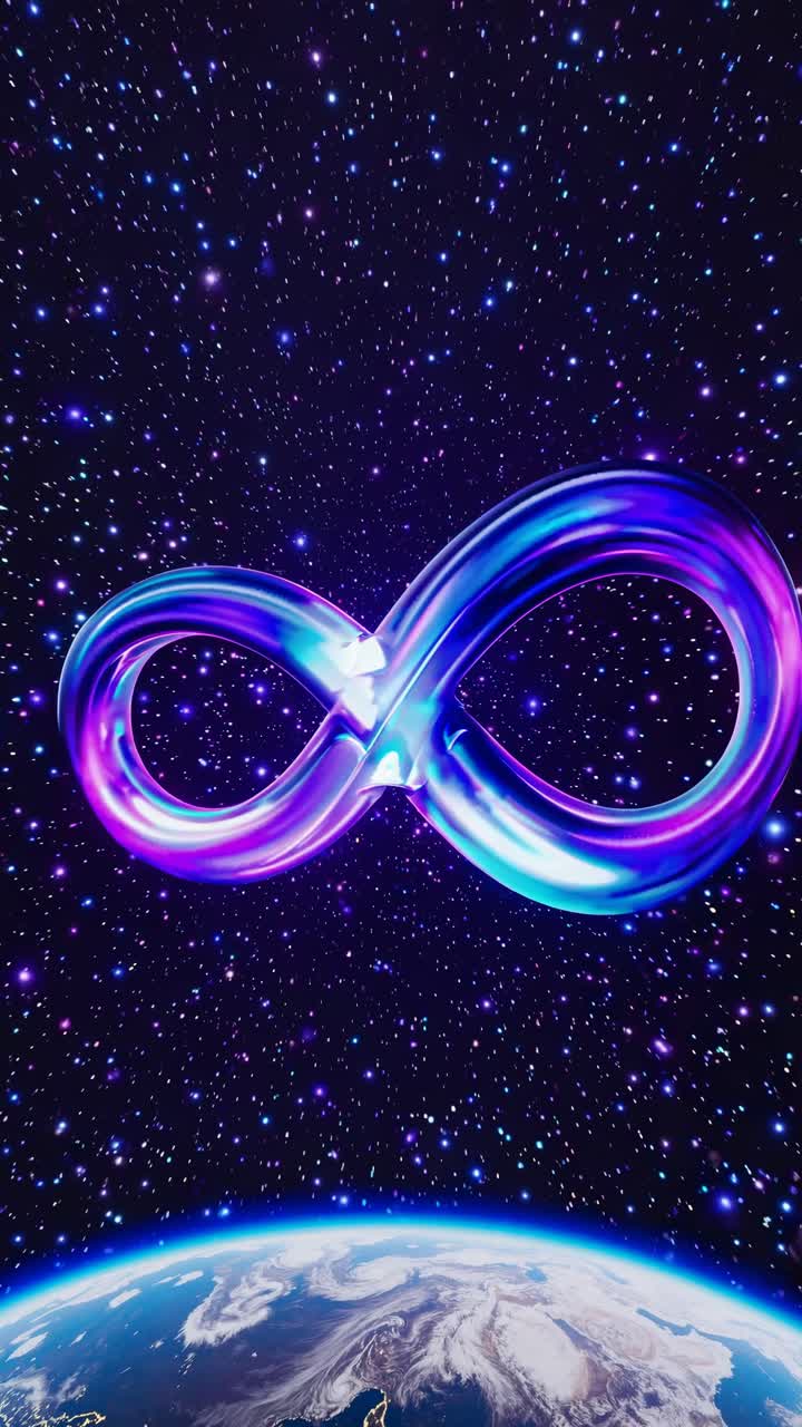 A cosmic-themed video still of a glowing infinity symbol floating in space, viewed from a low angle