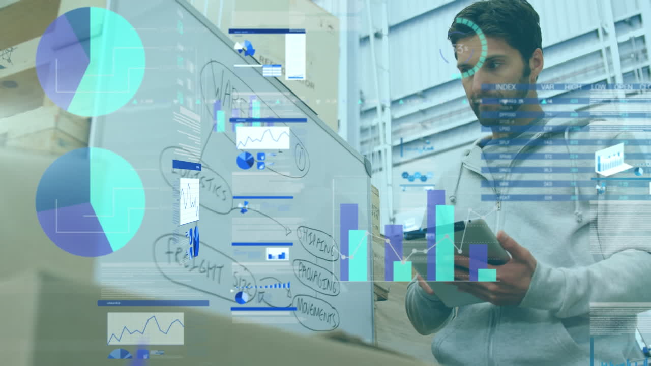 animación de procesamiento de datos sobre hombre caucásico usando tableta en el almacén