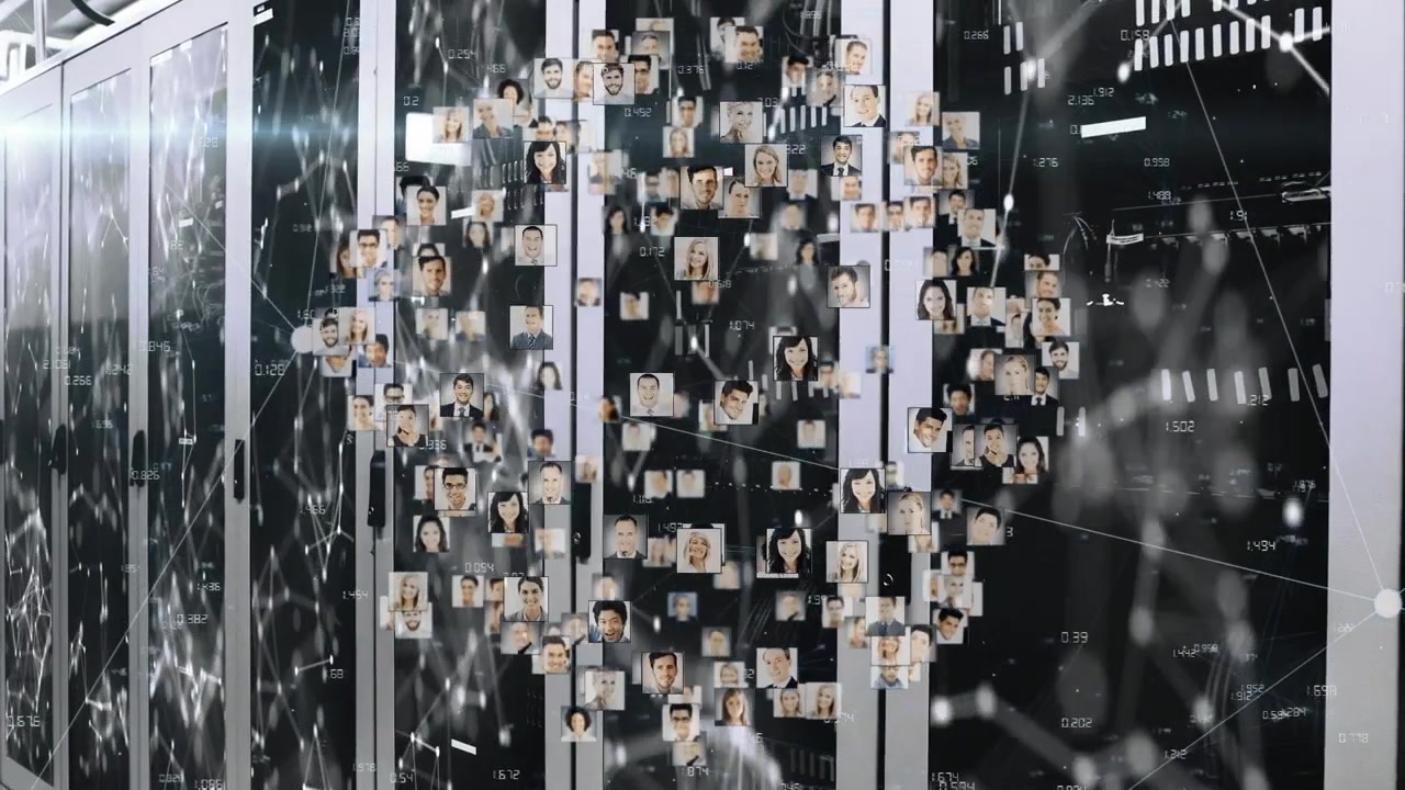 Animation of globe made of user photos moving over servers