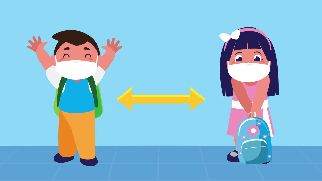 사회적 거리를 지키며 의료 마스크를 착용하는 어린 학생들