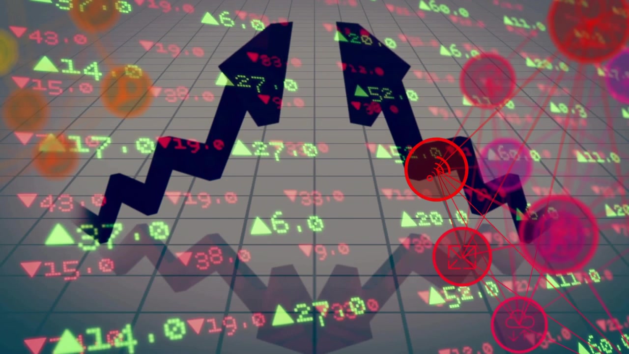 Plovoucí data na mřížce spouštějící ikony trendů, šipka se otáčí, zatímco síť uzlů pulzuje