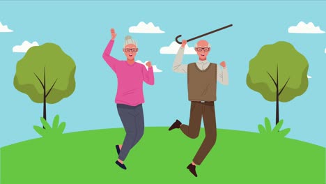 una pareja de ancianos felices celebrando personajes de animación