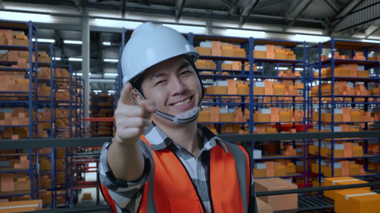 창고 노동자 가 재고 를 가리키고 있다