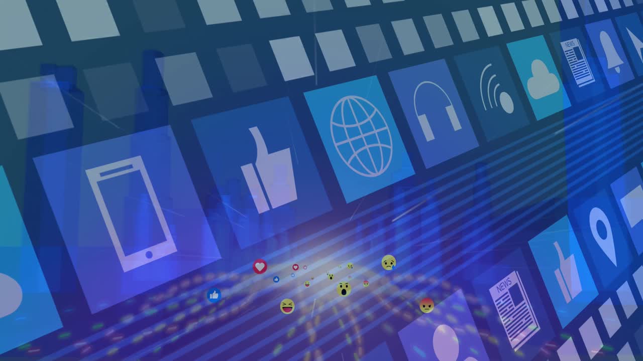 도시 풍경 위의 미디어 아이콘의 애니메이션