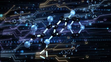 Animation-of-data-processing-and-molecule-on-black-background