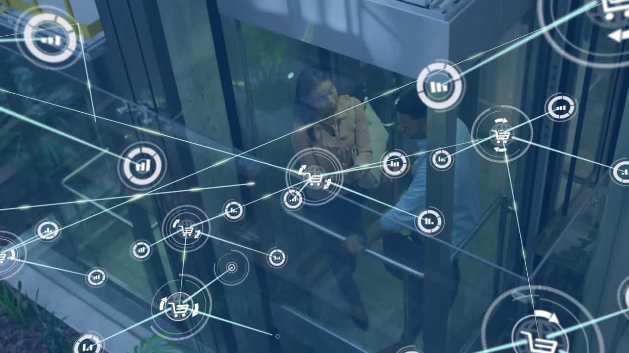 Animation of icons connected with lines over diverse coworkers sharing ideas in elevator at office