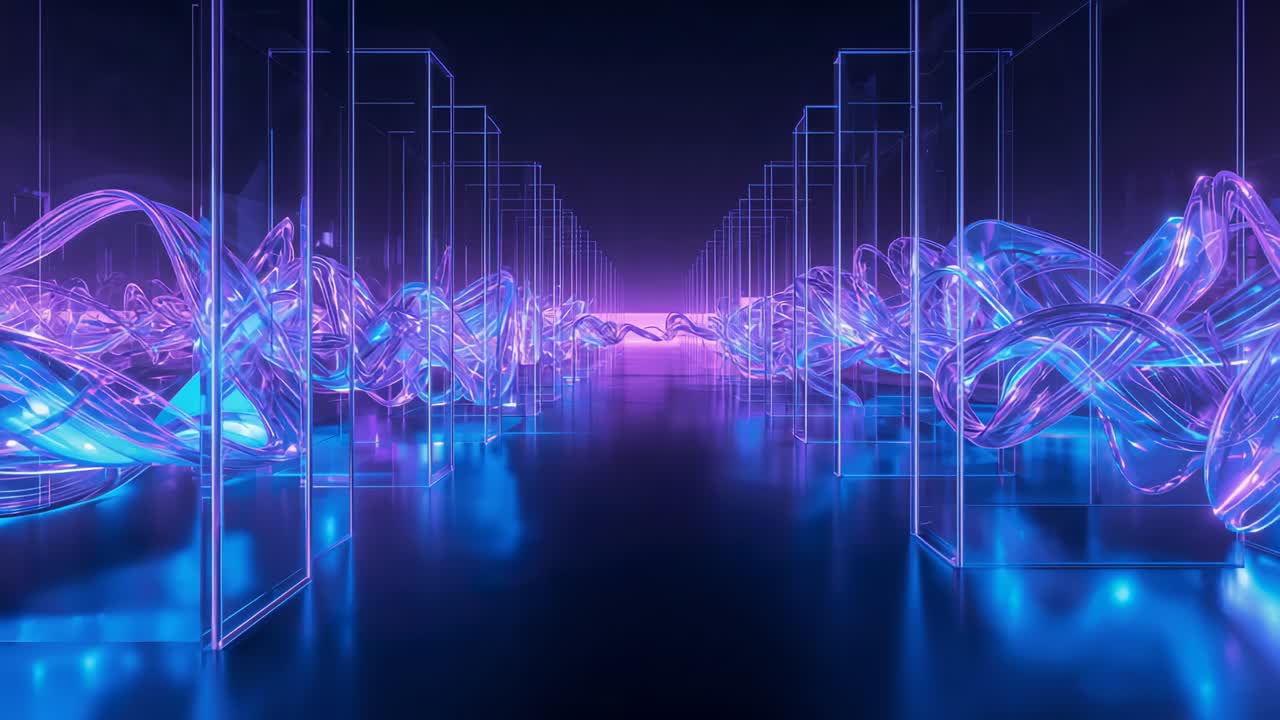 Pushing camera moving along neon corridor in gallery to pink horizon to reveal frames and ribbons