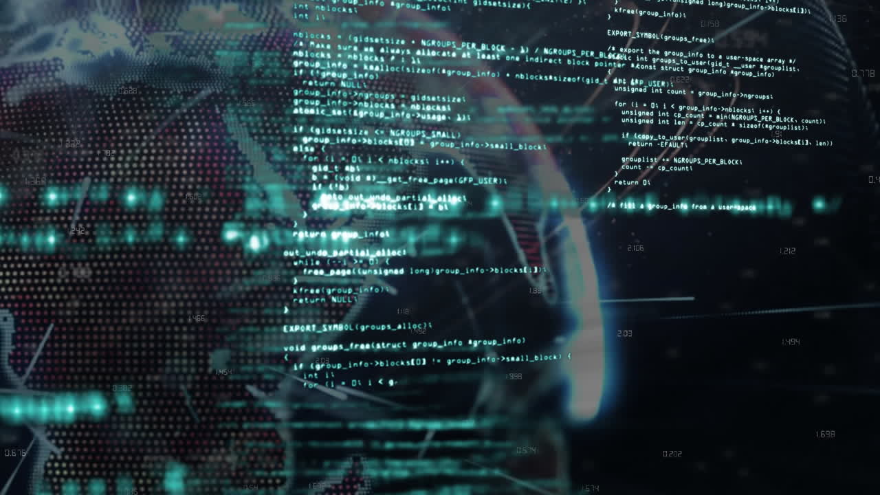 Animation of computer programming language over rotating globe on black background