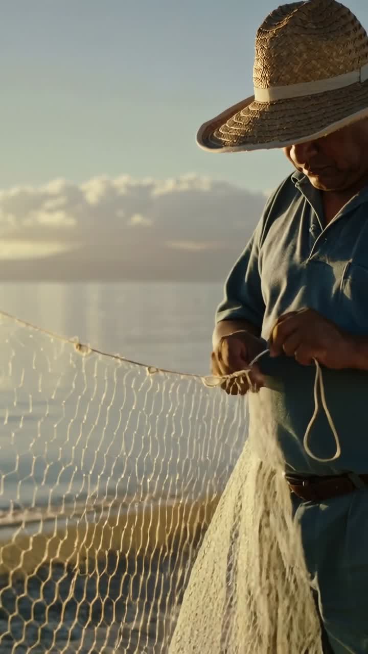 Video vertical: Encontrando agujero, pescador con sombrero de paja remendando red en la orilla preparándose para la pesca, espacio para texto