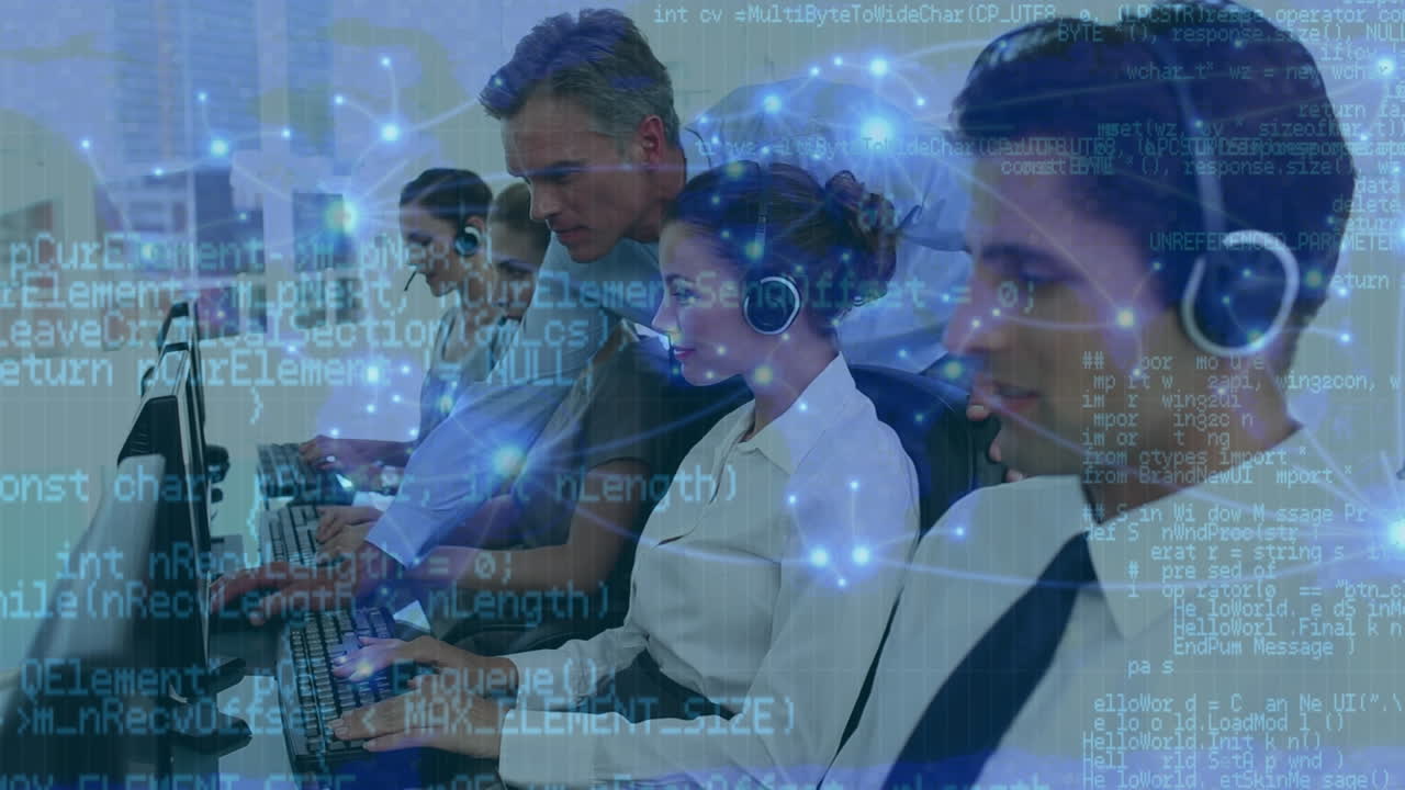 전화 헤드 ⁇ 을 사용하는 다양한 사업가들에 대한 데이터 처리 및 세계 지도의 애니메이션