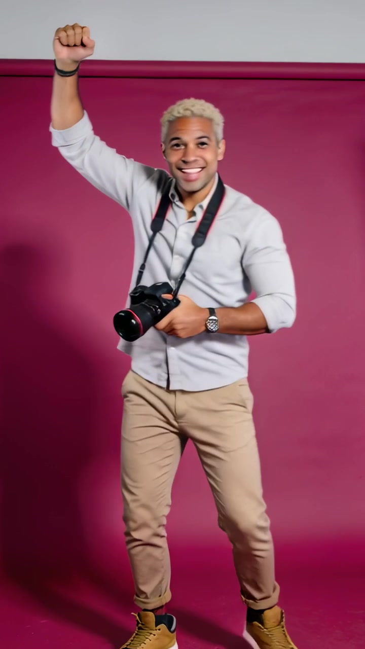 Video verticale: Uomo in posa che poi si muove, con camicia chiara, che impugna una DSLR con tracolla al collo in uno studio color magenta