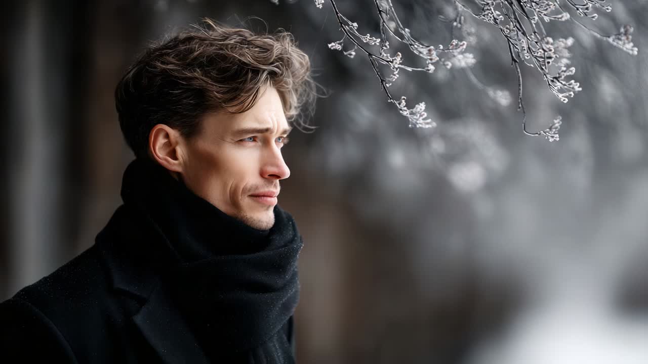 A contemplative man stands still in a winter setting, gazing thoughtfully as delicate frost-covered branches hang nearby, capturing a moment of serene beauty amid a chilly atmosphere