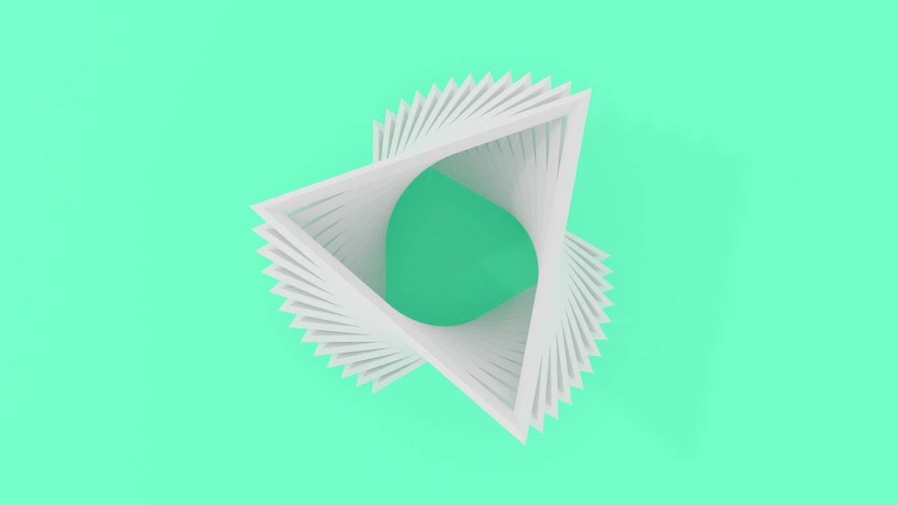 3D animation computer render of white triangle flying up and twist around. 4K seamless loop animation.