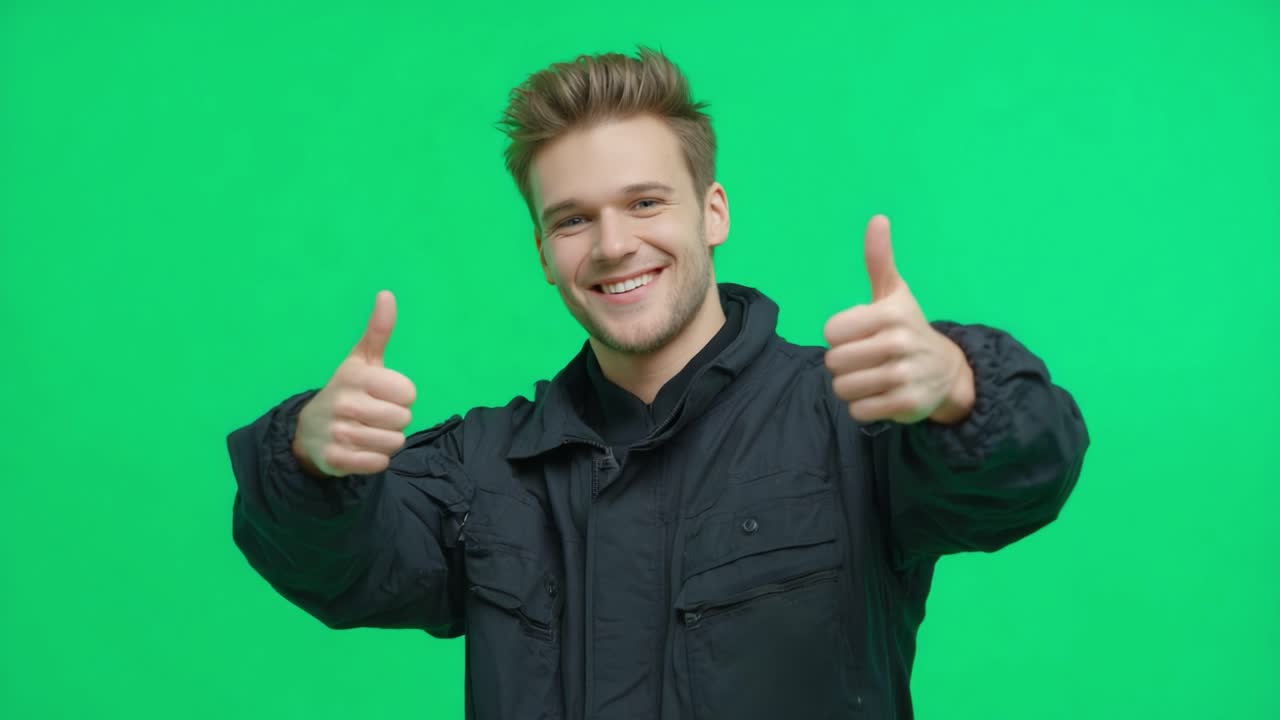 A cheerful young man poses with a thumbs-up against a vibrant green background, radiating positivity and enthusiasm in both frames of the video