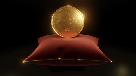 Bitcoin-En-Una-Almohada-Roja,-Girando-En-Semicírculo