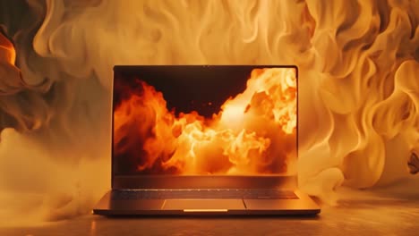 laptop engulfed in golden smoke with fiery screen
