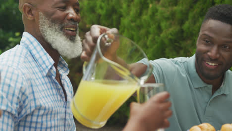 feliz familia afroamericana vertiendo jugo y desayunando en el jardín