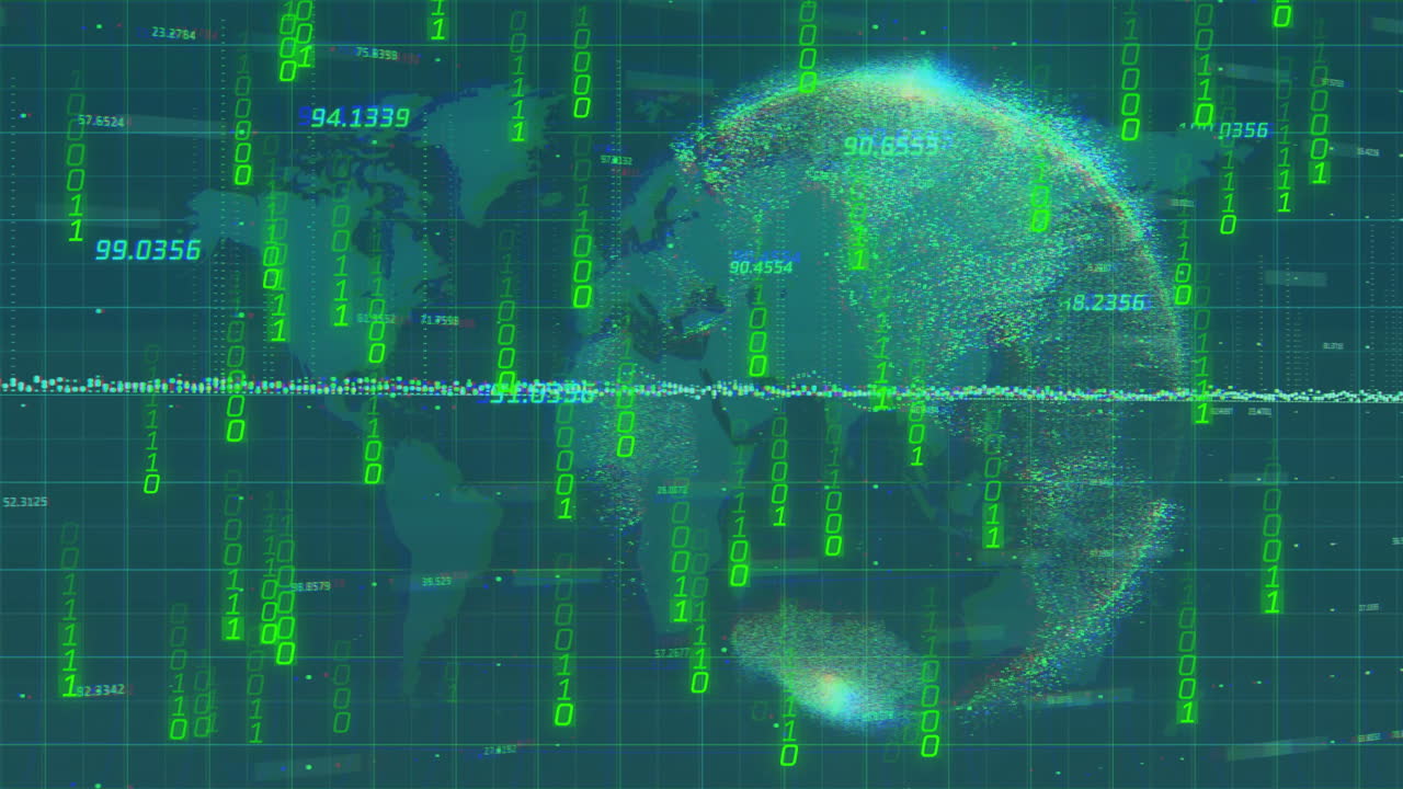 código binario y datos numéricos sobre globo digital y animación de mapas del mundo