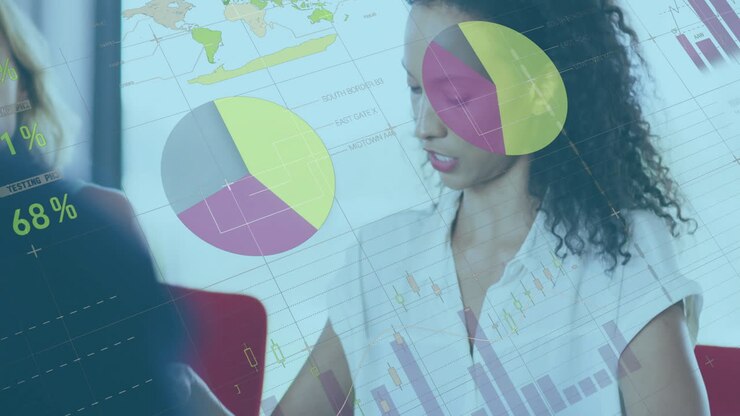 Animation of financial data processing over biracial businesswoman in office