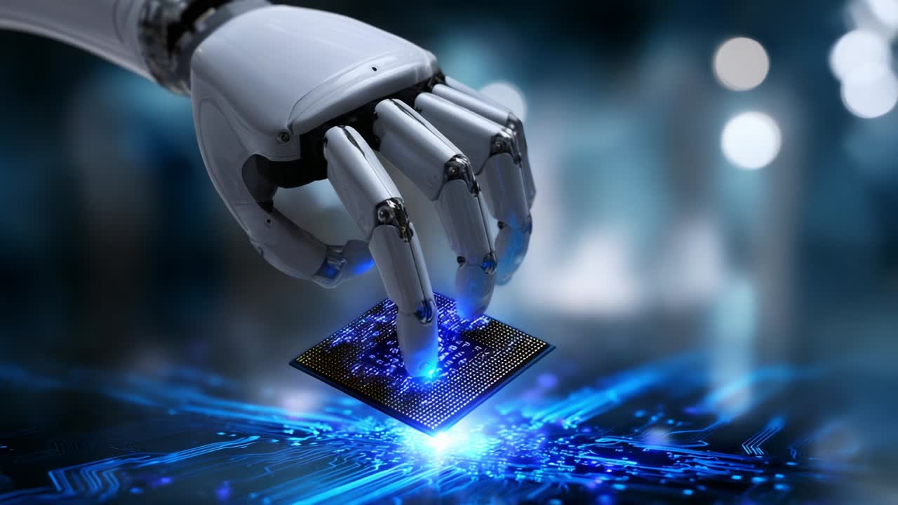 A futuristic robotic hand delicately engaging with a glowing microchip, symbolizing the convergence of advanced technology, artificial intelligence, and microelectronics in the realm of digital innovation and automation