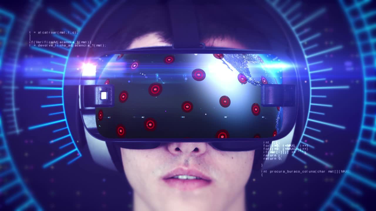 vr 헤드을 착용하고 3d 가상 현실을 경험하는 젊은이.