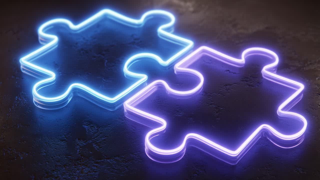 Illuminated Puzzle Pieces Merging Together: A Mesmerizing Neon Display with Vibrant Colors on a Dark Surface, Symbolizing Unity and Connection Between Two Entities in a Modern Artistic Approach