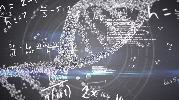 Struttura del DNA in rotazione ed equazioni matematiche su sfondo grigio