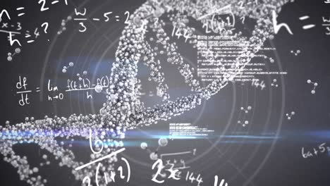 DNA-structure-spinning-and-mathematical-equations-against-grey-background