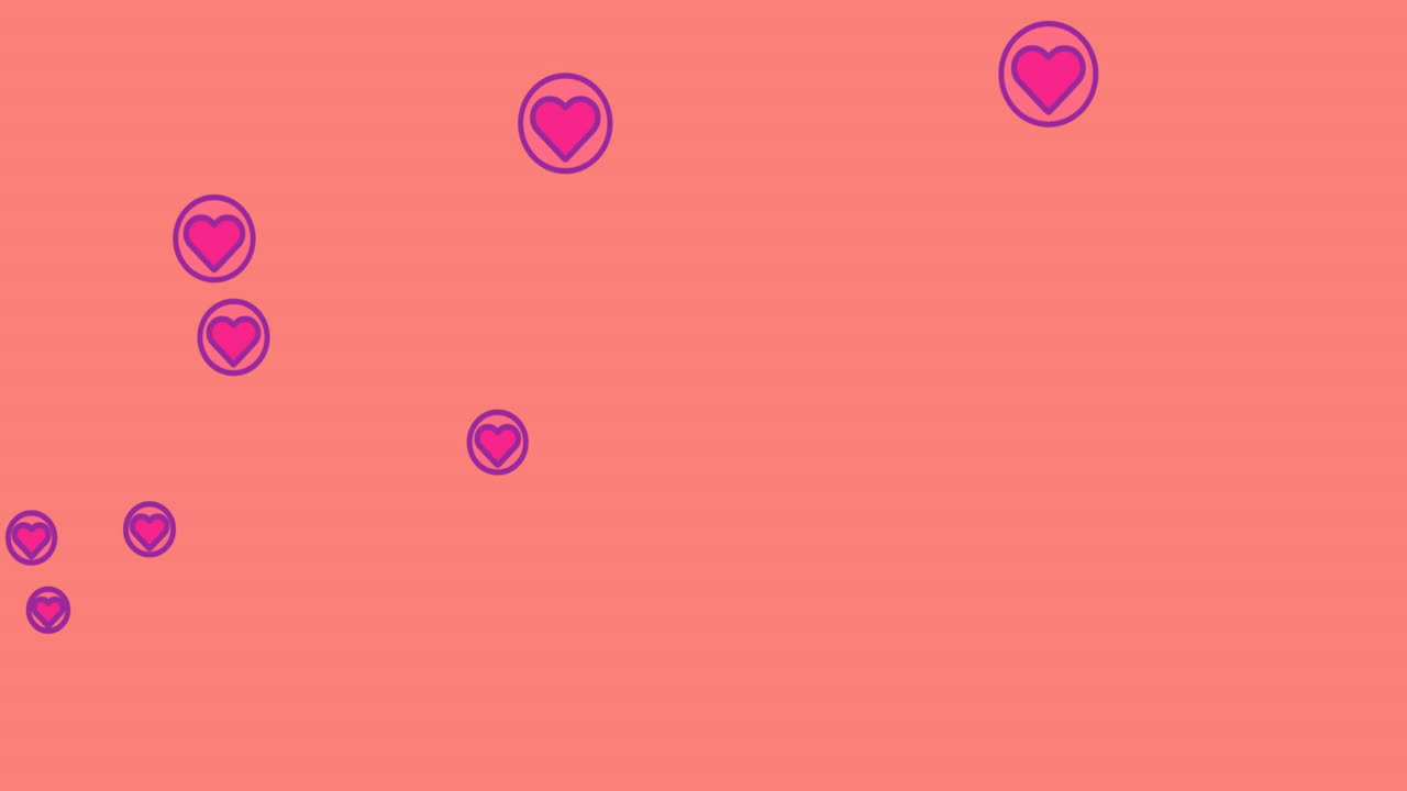 iconos de corazón púrpura flotando contra un fondo naranja