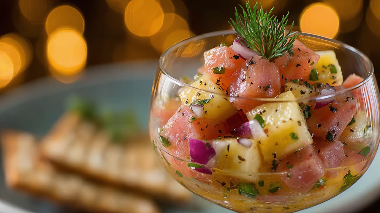 A Vibrant Fruit Salad with Colorful Cubes of Watermelon and Pineapple, Garnished with Fresh Herbs and Served in a Crystal Bowl Against a Festive Bokeh Background