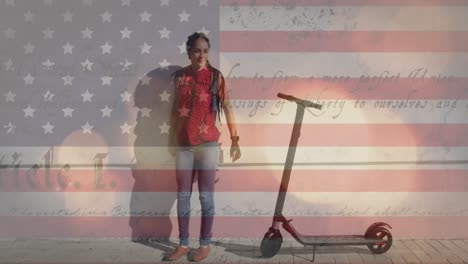 animation of flag of america and slogan over biracial woman standing with electric scooter