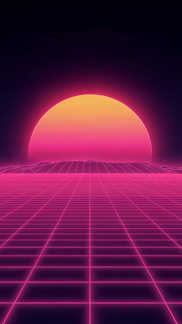 Video verticale: sole semicircolare a loop che pulsa con gradiente giallo magenta all'orizzonte, griglia neon