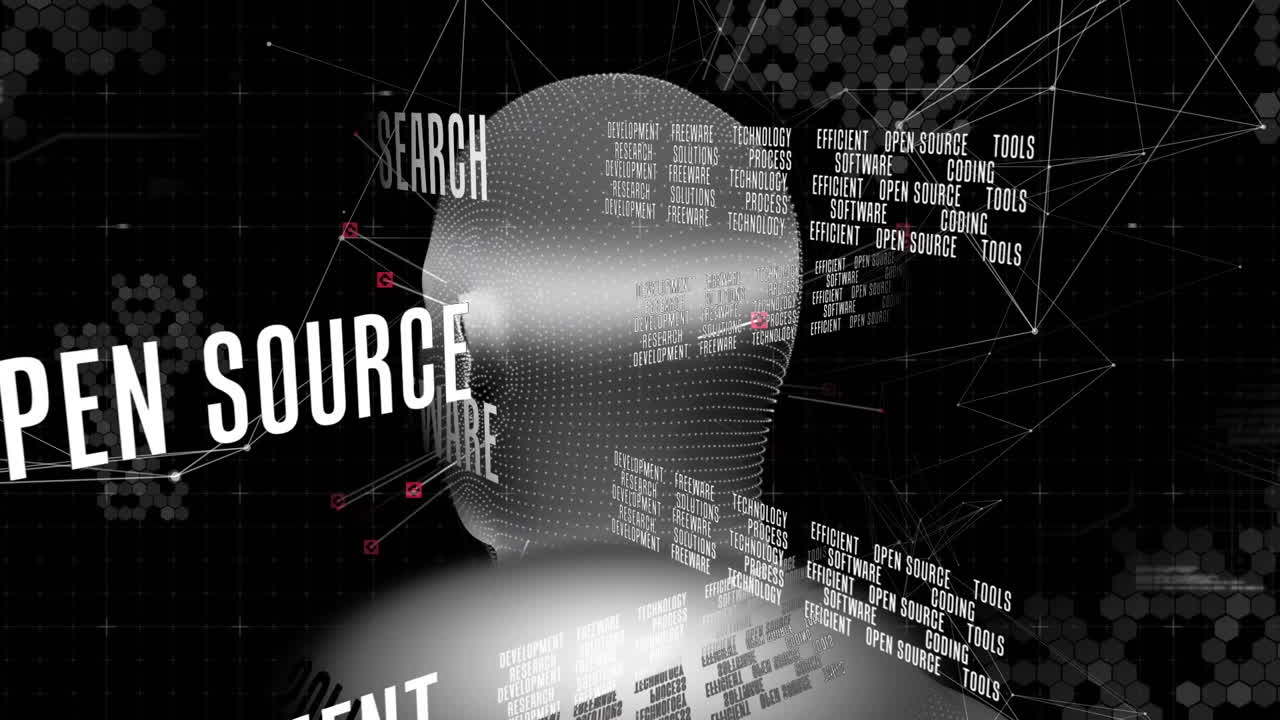 Animation of texts and data processing over digital human head and network of connections