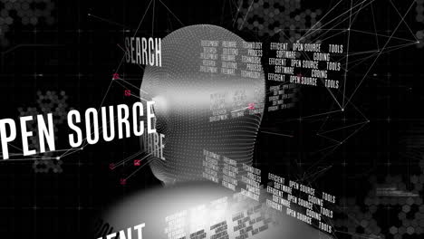 animación de textos y procesamiento de datos sobre la cabeza humana digital y la red de conexiones