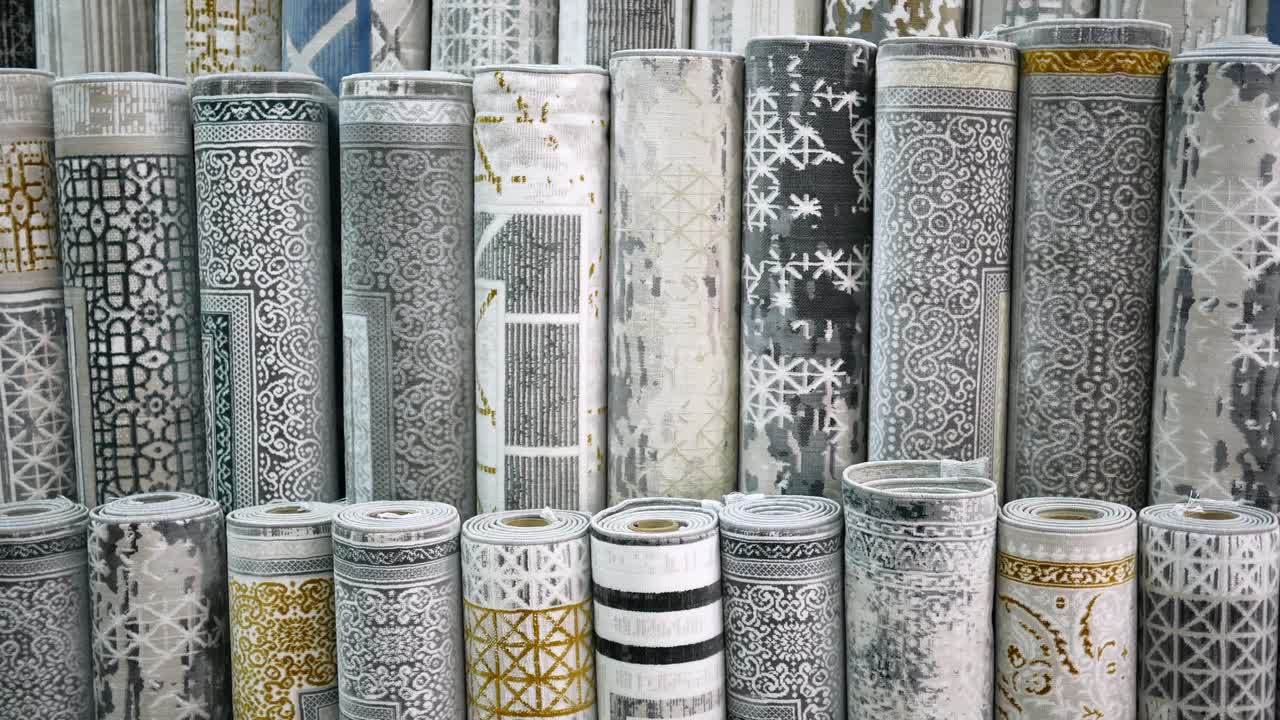 exhibición de alfombras enrolladas