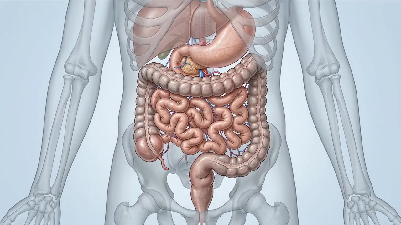 Detailed anatomical view of human digestive system inside abdominal cavity