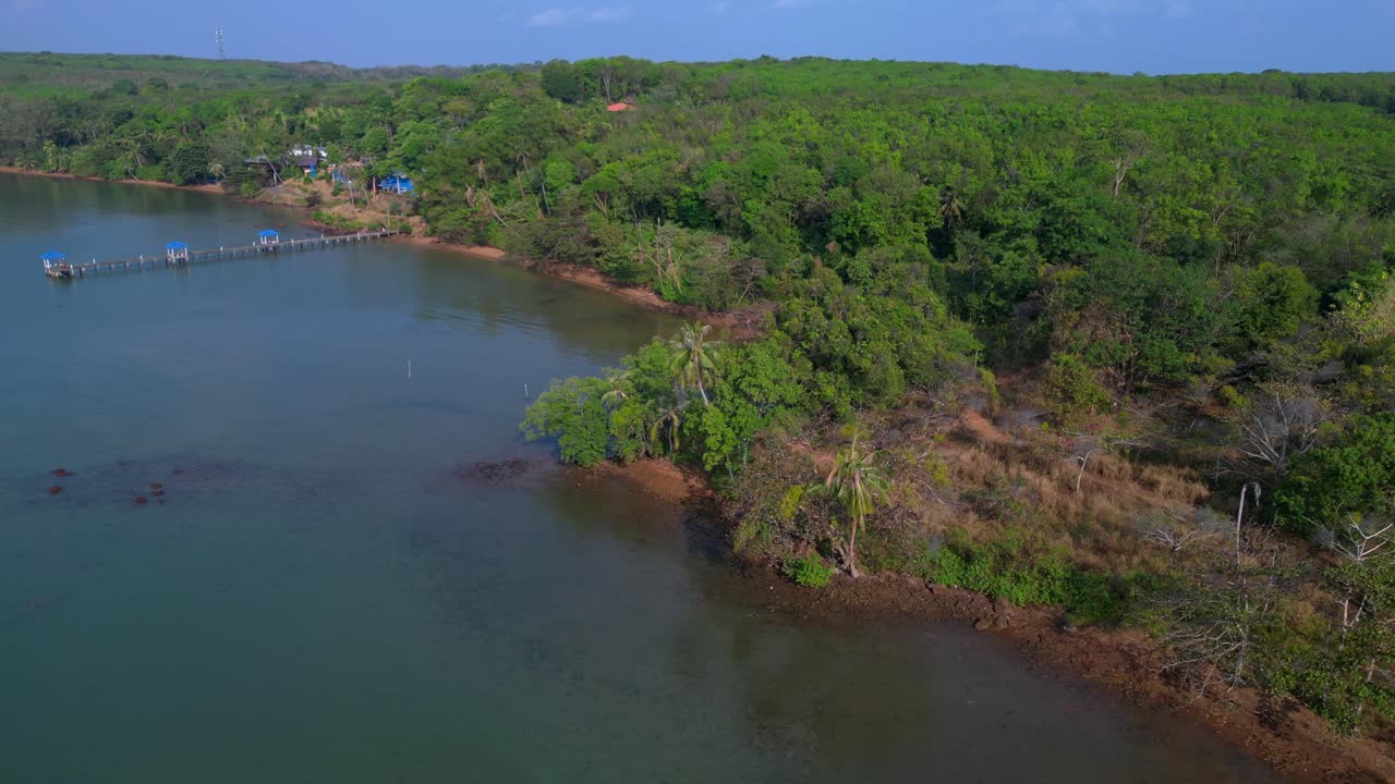 Lush vegetation covering tropical island coast meeting calm ocean water and small sandy beach. Magic aerial view flight