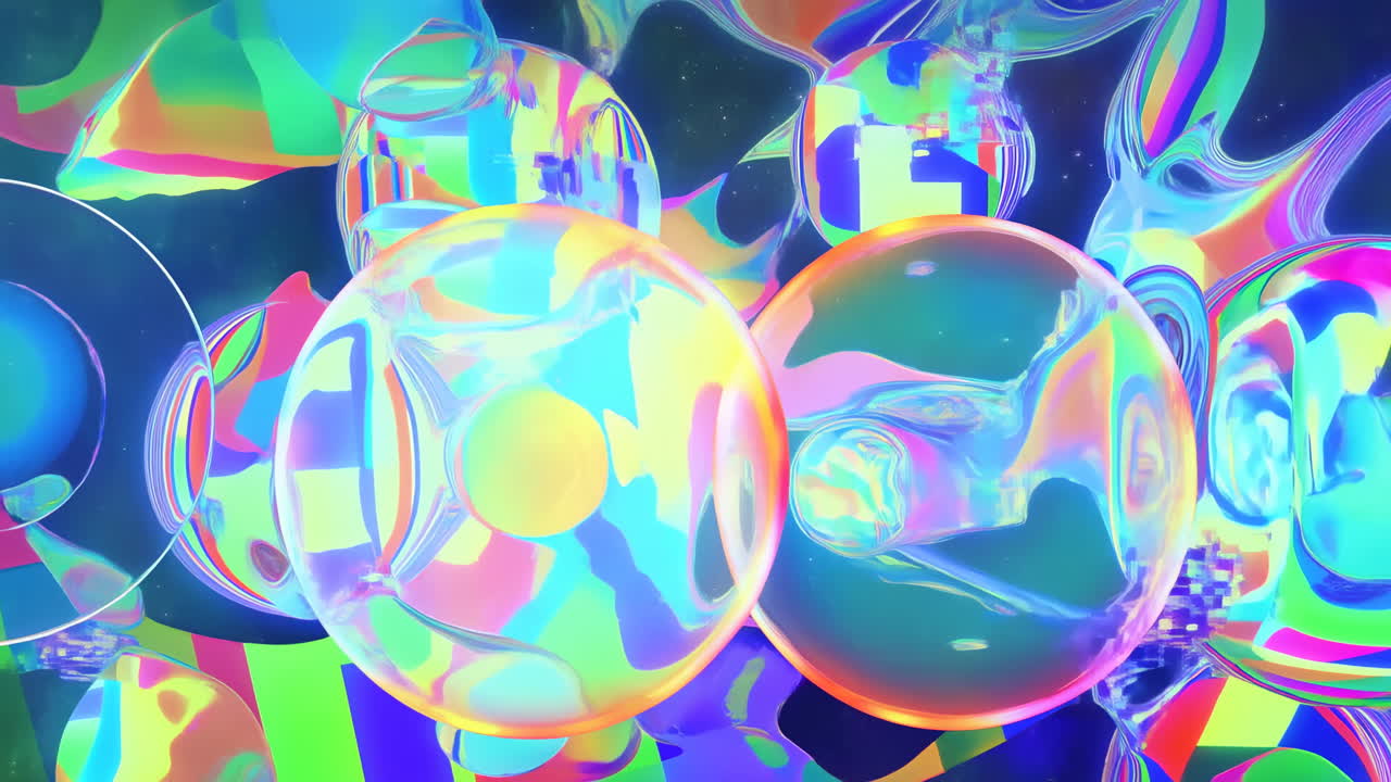 Abstraktní animace zářivých iridescentních bublin a tekutých forem.