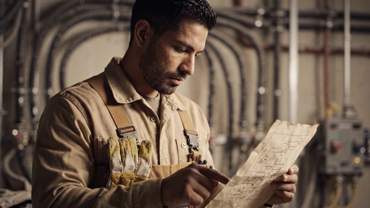 Focused Worker Examining Blueprint Plans in Industrial Setting While Surrounded by Complex Pipework and Electrical Installation