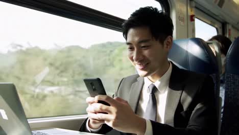 businessman using smartphone on train