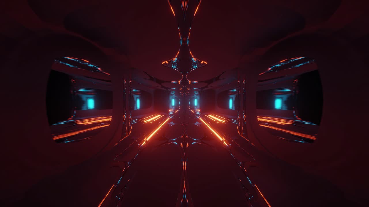 Motion graphics of highly immersive and reflective dark space with blue and orange LEDs illuminating it