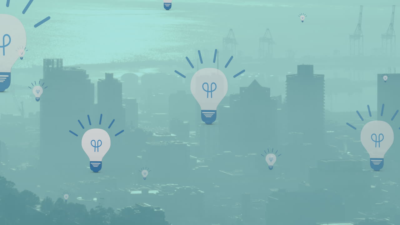도시 풍경의 공중 시야에 떠다니는 여러 개의 전구 아이콘의 애니메이션
