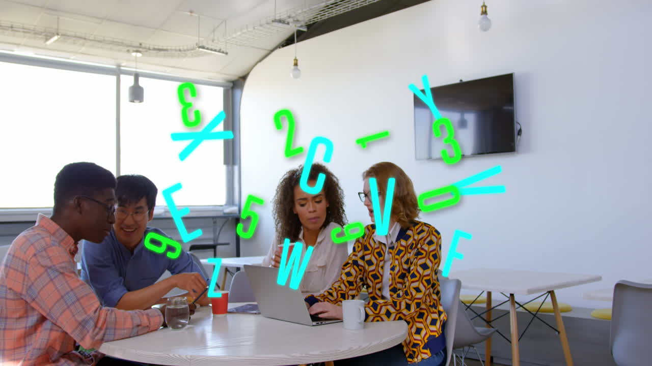 Animation of letters and numbers processing over diverse business people in office