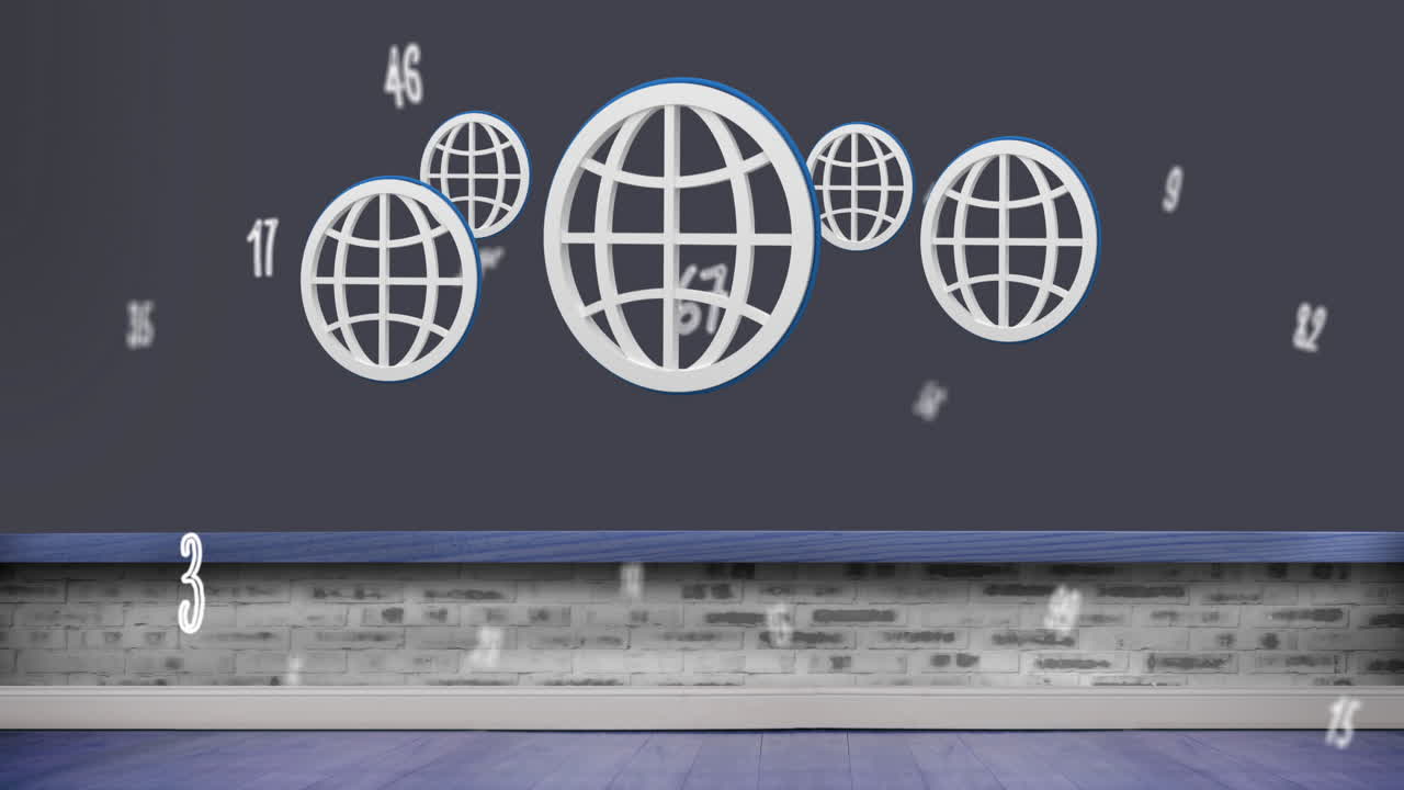 Digital animation of multiple numbers and web icons floating against grey background