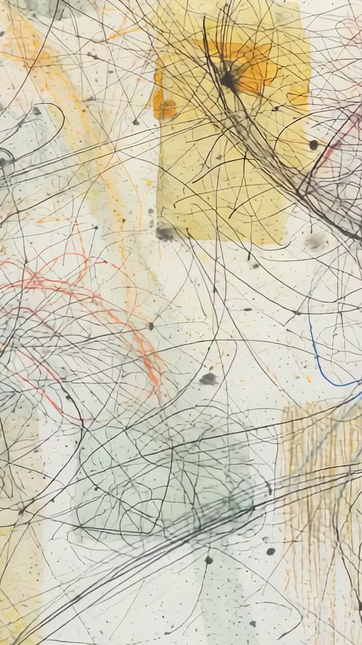 Vertical video: Showing abstract drawing on studio table with watercolor wash scribbles splatters