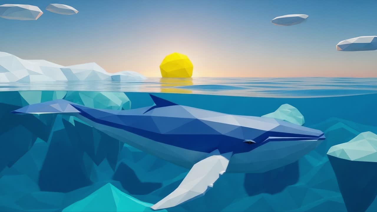 Una splendida rappresentazione di una balena blu che nuota con grazia attraverso un sereno ambiente oceanico all'alba con formazioni di ghiaccio geometriche.