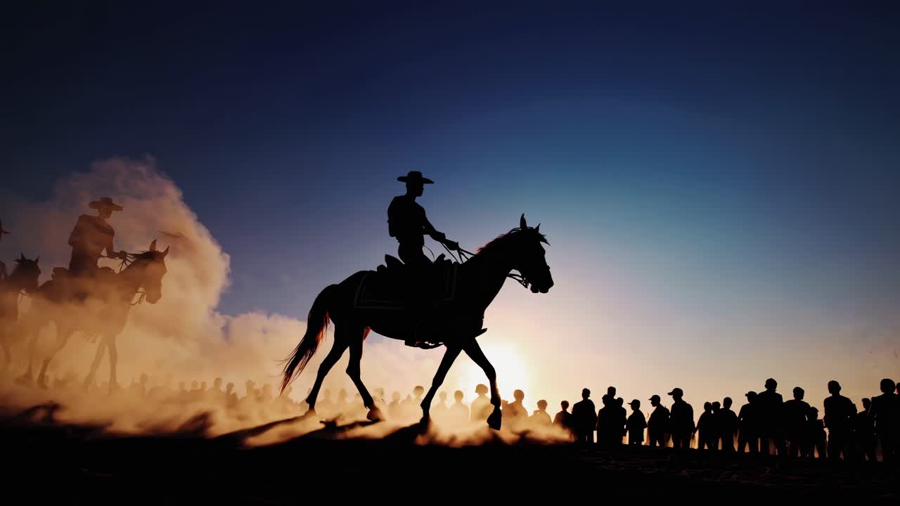 Silhouette di cowboy e cavalli al tramonto